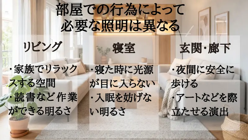 部屋での行為に応じた照明の使い分けを示す図。読書や仕事などの作業時には手元を照らす十分な明るさの白色光、食事や団らん時には料理を引き立てる温かみのある光、映画鑑賞や就寝前には眩しさを抑えた間接照明といったように、過ごし方に合わせて照らし方を変える重要性を解説している。