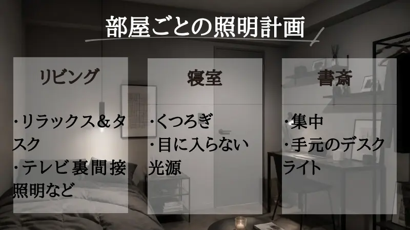8畳の間接照明の決め方を示すまとめ図。「8畳だから照明は何個必要か」という数ありきで器具を買い足してごちゃつく失敗ルートに対し、①その8畳で何をして過ごすか（睡眠・映画鑑賞・デスク作業など）を定義する ②その行為に必要な場所（壁面・手元・足元）に必要な光だけを配置する、という「部屋の使い方（行動）」を起点に最適な灯数を導き出す設計フロー