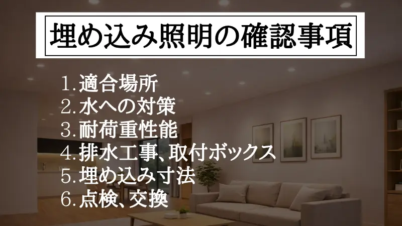 床埋め込み照明の選定・施工における注意点の図解。屋外や水回り・土間などに設置する際、水濡れを防ぐ「防水等級（IP規格）」だけでなく、人が乗っても耐えられる「耐荷重」、水が器具内に溜まらないための「排水計画」、埋め込み深さや床下地を確保できるかの「施工条件」まで総合的に確認すべきだと解説する図。